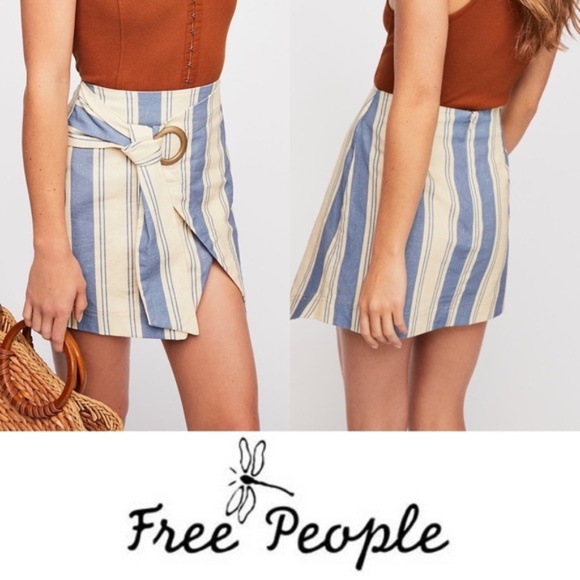 Free People Blue White Tuscan Tie Waist Wrap Linen Blend Mini Skirt Size 4 - Picture 1 of 6